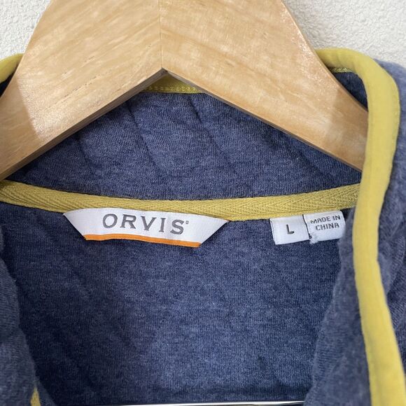 Orvis Women’s L Quilted Pullover 1/4 Snaps Zip Pockets Blue Yellow Sweatshirt - Picture 2 of 12